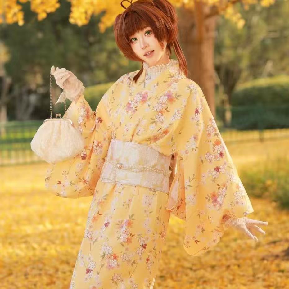 Asian Cosplay Anime - Kimono jaune mignon pour filles, style